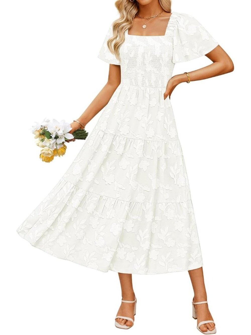 Women's White 2026 Summer Casual Boho Short Sleeve Wedding Guest Midi Dresses